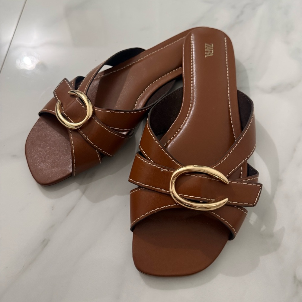 Zara Chestnut Brown Slide Mules with Gold Ring Detail